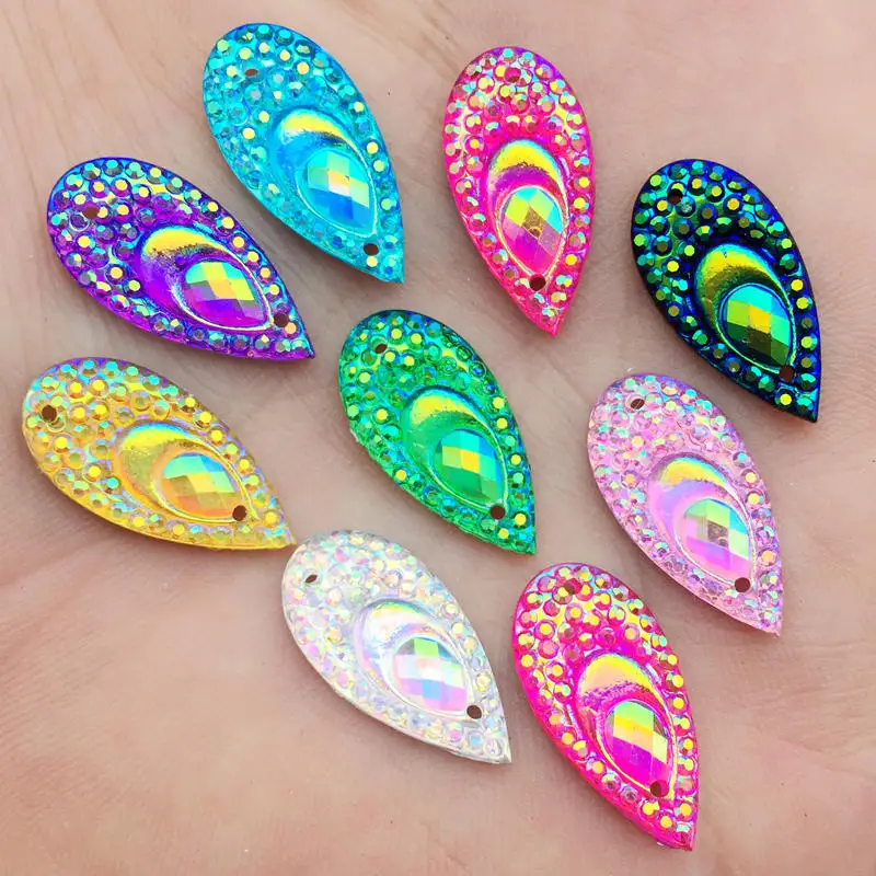 

40pcs 10mm*20mm AB Drop Resin Peacock Eye Flatback Rhinestone Wedding Diy Buttons 2 Hole B36