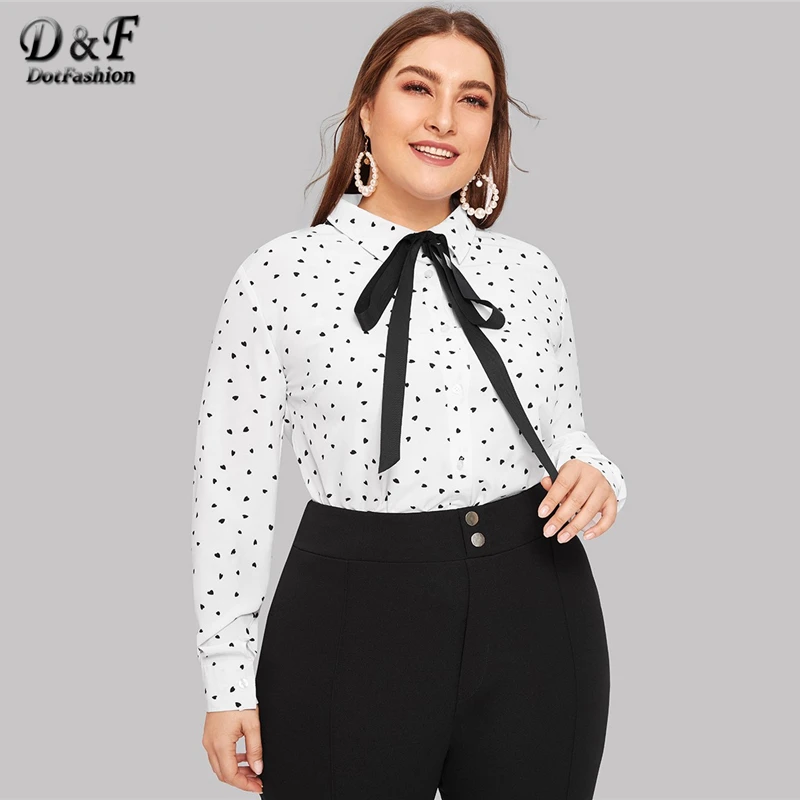 Vente Dotfashion grande taille blanc coeur imprimé cravate col chemisier chemise 2019 printemps à manches longues vêtements de sport femmes hauts et chemisiers