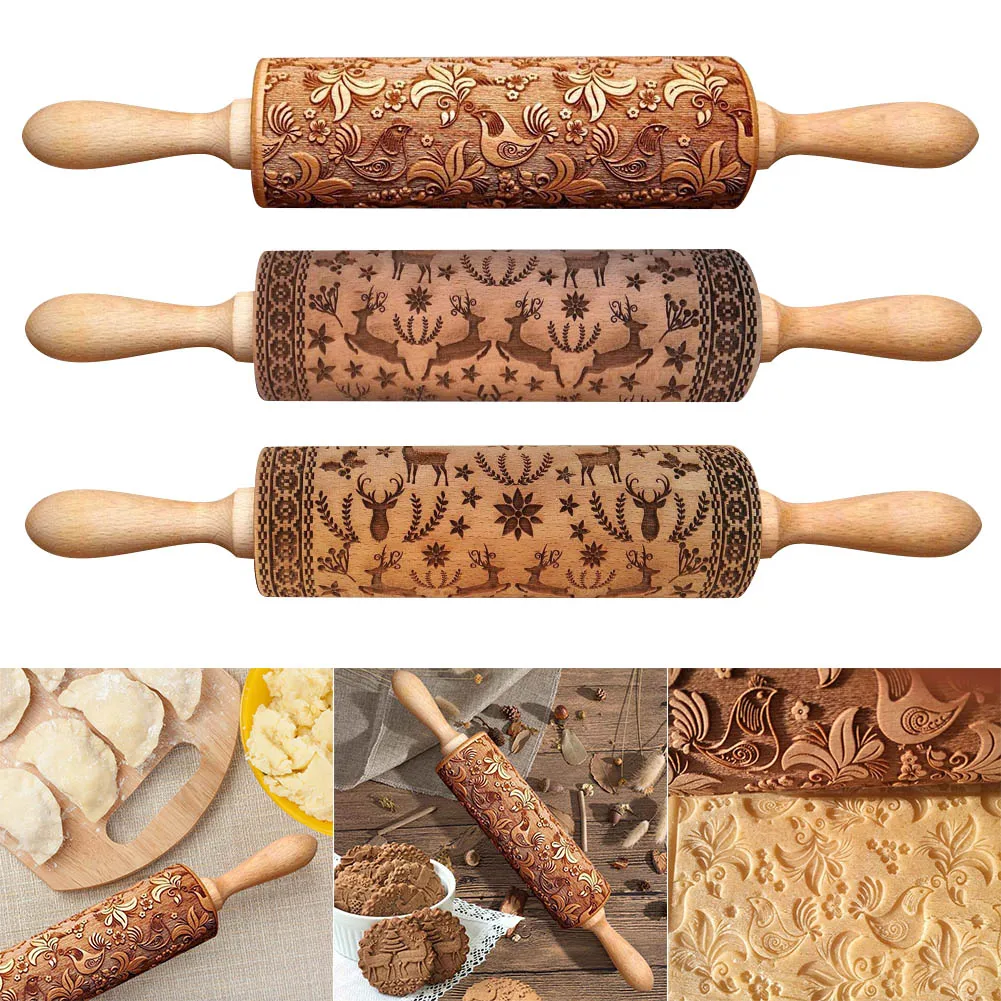 

1 Pcs Wooden Rolling Pin Embossing Baking Christmas Elk Cookies Noodle Biscuit Fondant WXV Sale
