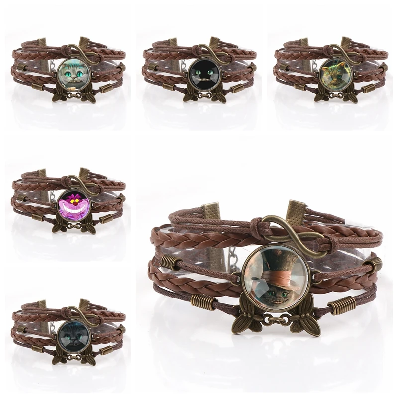 

Interchangeable Vintage Metal Cheshire Cat Glass Cabochon Rope Leather Bracelets Choker DIY Personalized Jewelry Finding