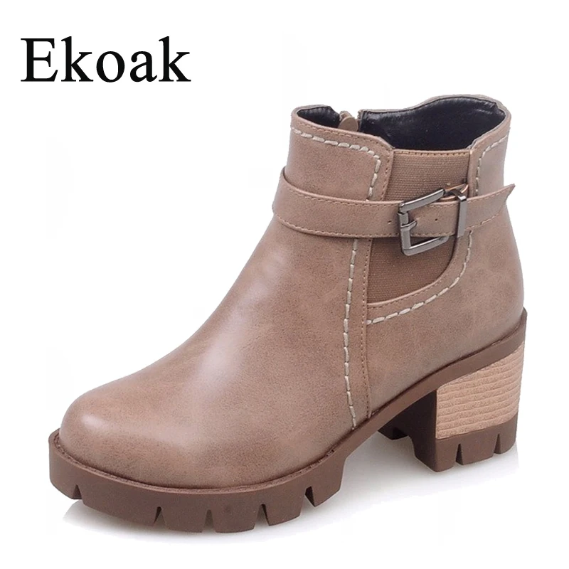

Ekoak New 2018 Fashion Boots Autumn Women Leather Motorcycle Boots Casual Round Toe Zip Plush Women Ankle Boots