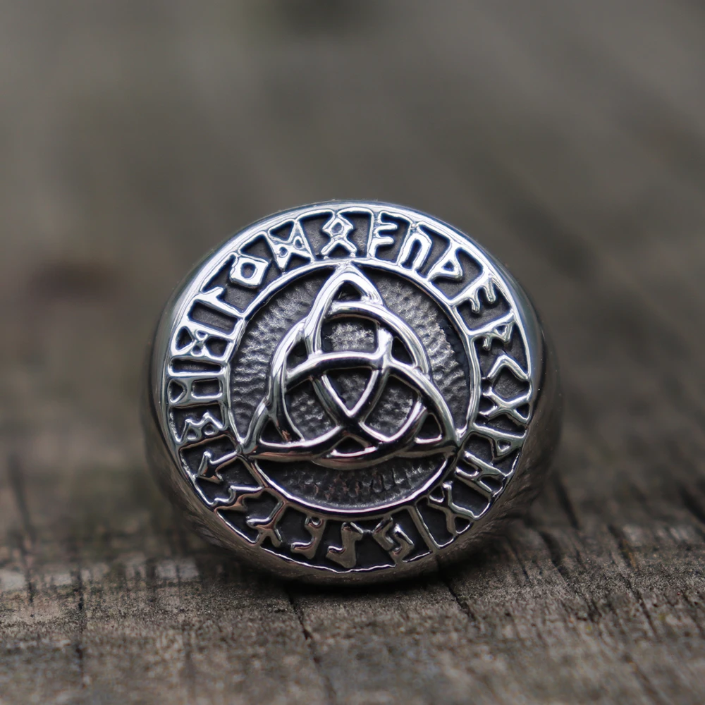 

Viking Celtics Knot Trinity Rings Mens Elder Futhark Runes Stainless Steel Ring Norse Amulet Jewelry