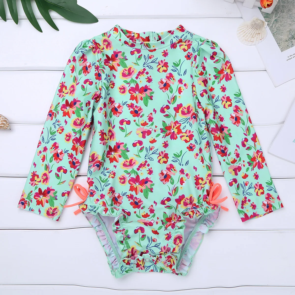 

Infant Baby Girls One Piece Long Sleeves Floral Printed Back Zipper with Ruffled Swimsuit Bathing Suit Rash Guard Beach Swimwear