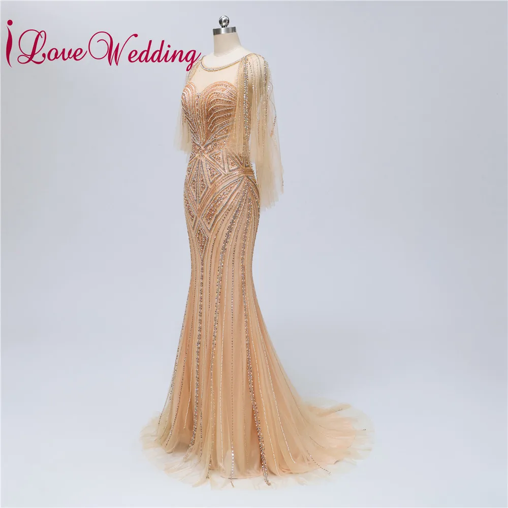 Vestido de festa longo Scoop Collar Gold Heavy Beadings Tulle V Back Fishtail Formal Evening Dresses Long Real Photo