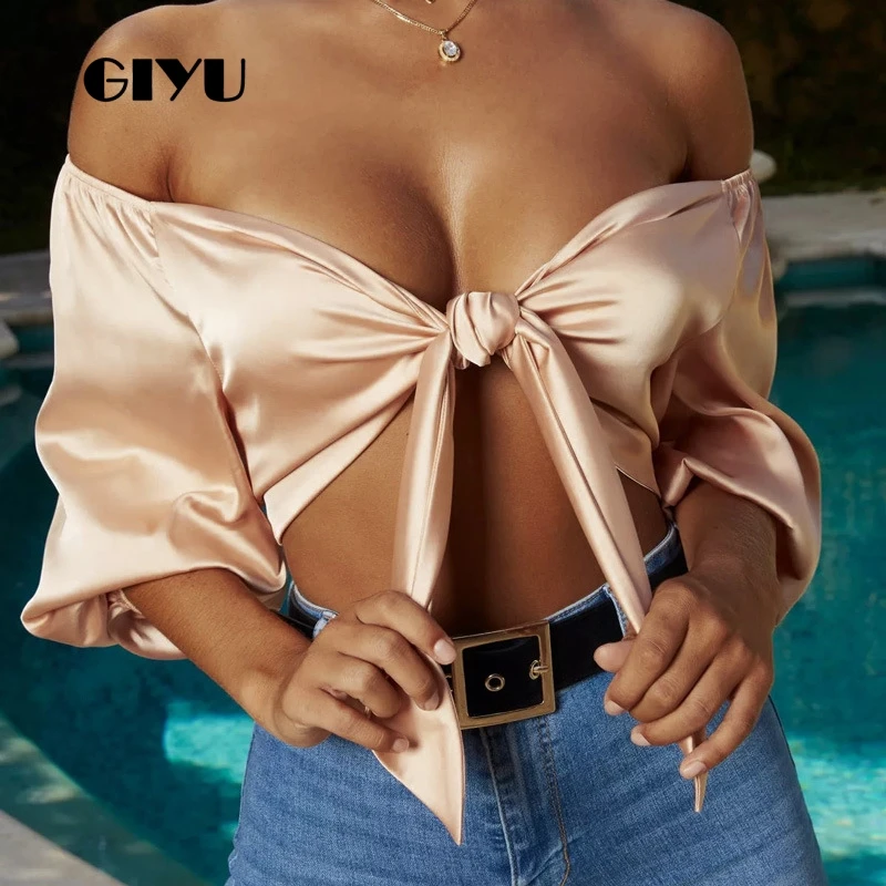 

GIYU Summer Solid Women Tops Holiday Tie Up Short Sleeve T Shirts Sexy Party Slash Neck 2019 camisas mujer