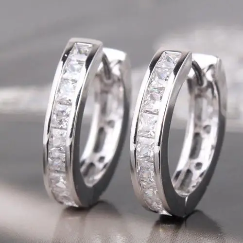 Fashion Men's Silver Plated Small Round Square Rhinestone Hoop Huggie Earrings | Украшения и аксессуары