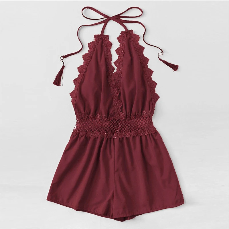 ROMWE Red Lace Trim Sexy V Neck Backless Fringe Halter Rompers Women Open Back Mid Waist Short Straight Leg Summer Playsuits