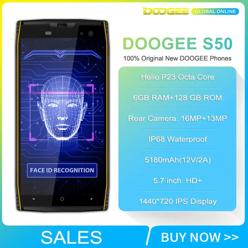 Промо DOOGEE S50 IP68 Водонепроницаемый face id 128 ГБ смартфон 5 7 'ཎ:9 Octa Core android 1 5180 мАч 4