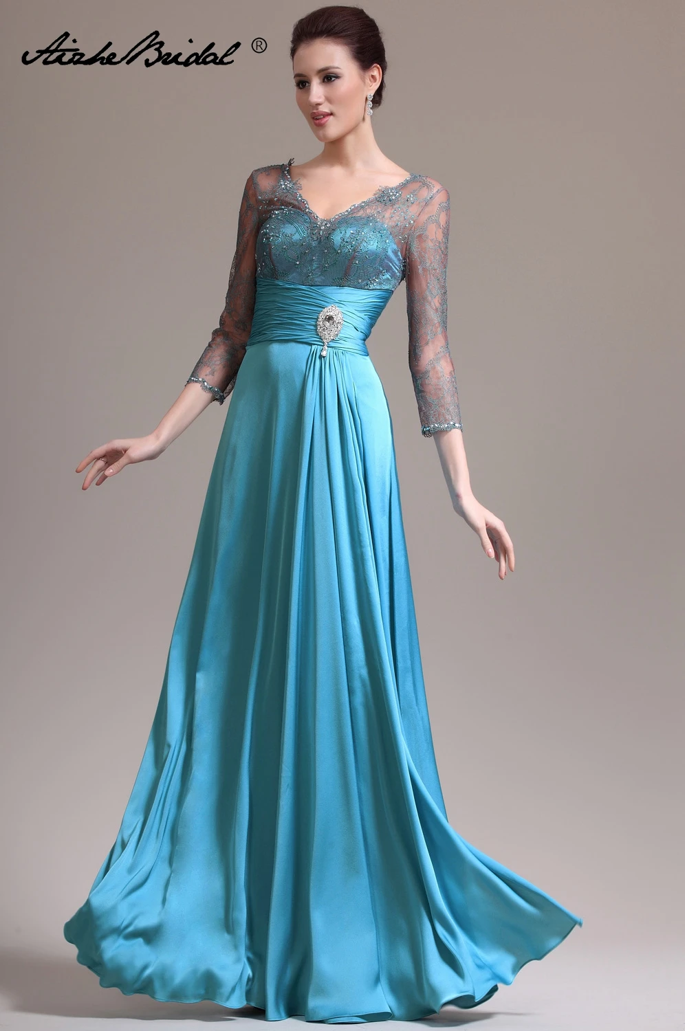 

Popular V Neck Long Formal Women's Dress A Line 3/4 Sleeve Turquoise Satin Mother of the Bride Dress
