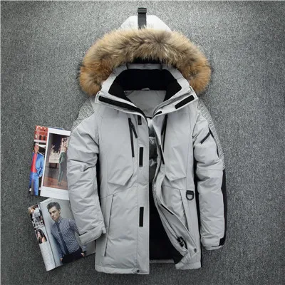 Куртки для русской зимы-40, ветронепроницаемые, doudoune hiver homme для мужчин, пальто средней длины с меховым воротником, толстый мужской пуховик - Цвет: White