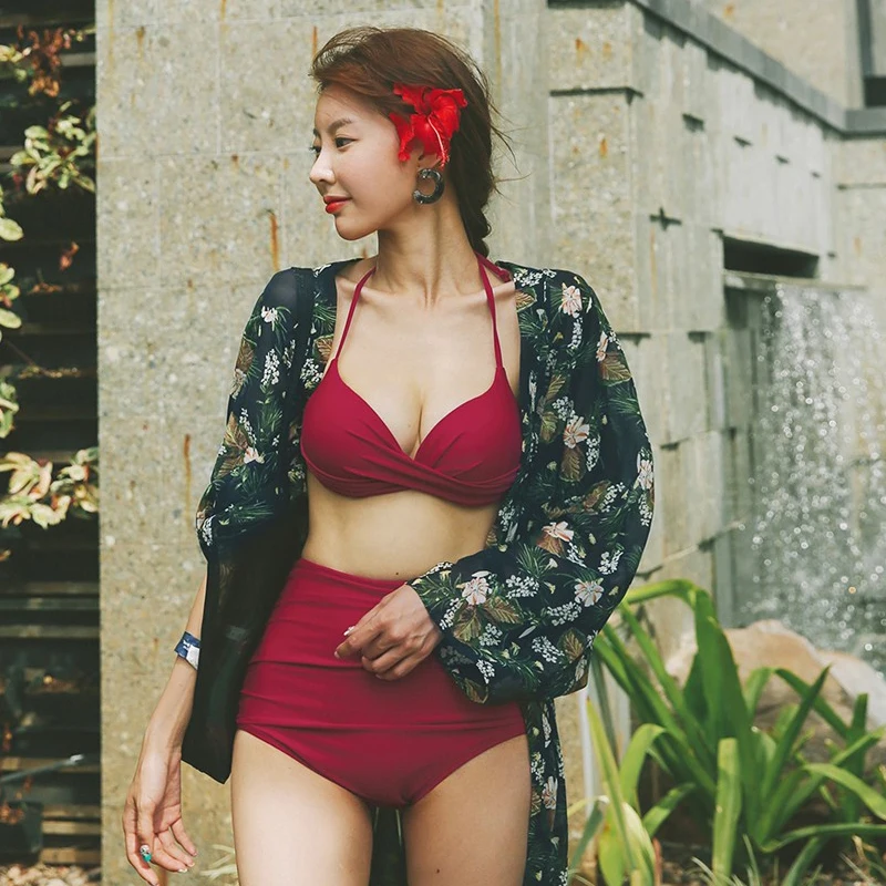 

Korean swimsuit ladies with high waist covering split bikini sexy wine red small breast steel holding hot springs