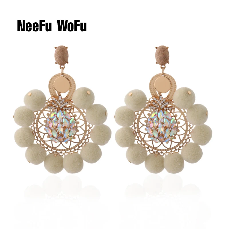 Beige NeeFu WoFu большой серьги Hairball бренд сережки в виде ананасов камень горный хрусталь Длинные Brinco уха Oorbellen - Окраска металла: Beige