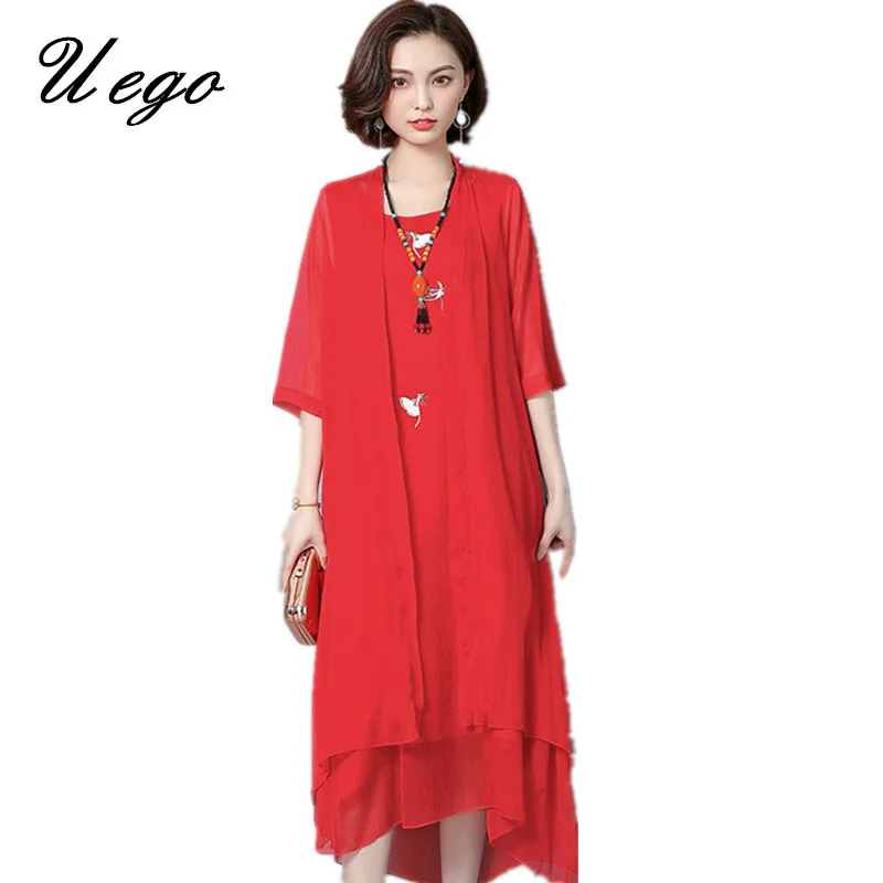 Uego, модный тонкий светильник, комплект из двух частей, летнее платье, костюмы с вышитыми цветами, льняное, размера плюс, свободное женское повседневное длинное платье