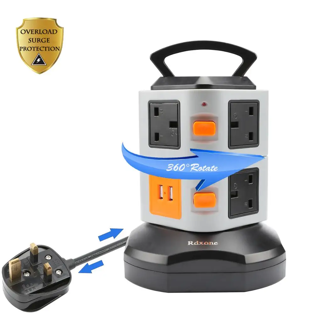 

Tower Power Strip Surge Protector UK Extension Socket with 2 USB Charger Charging Station 5.9ft Extendable Cord with Switch