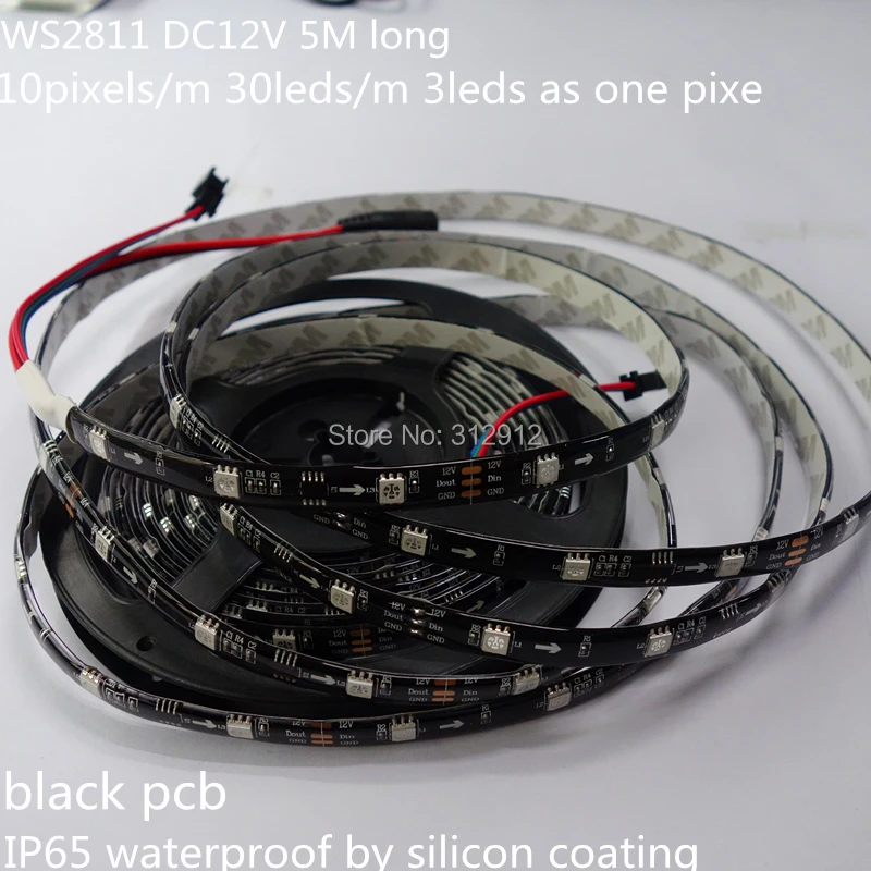 Черный печатной платы 5 м DC12V 30 светодиодов/m 10 шт. WS2811 IC/метр (10 пикселей) СВЕТОДИОДНЫЙ цифровой полосы; IP65; водонепроницаемый в силиконовым