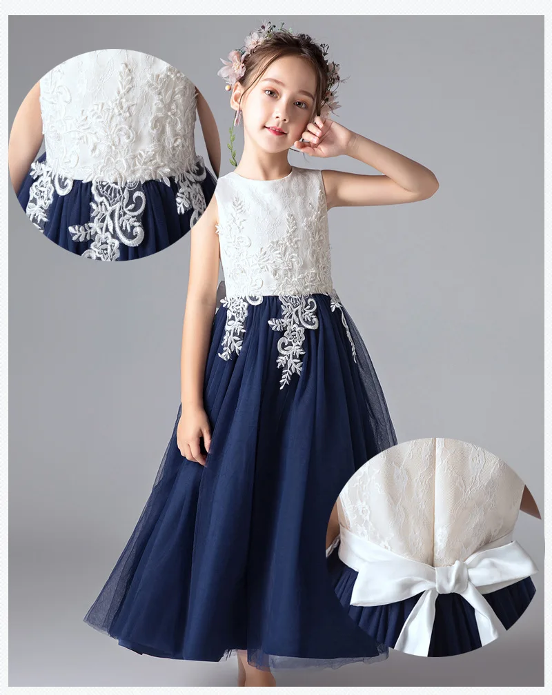 Длинное свадебное платье с цветочным узором для девочек, элегантное пляжное платье темно-синего цвета, vestido de festa Longo, одежда для девочек 4, 6, 8, 10, 12, 14 лет, 184062