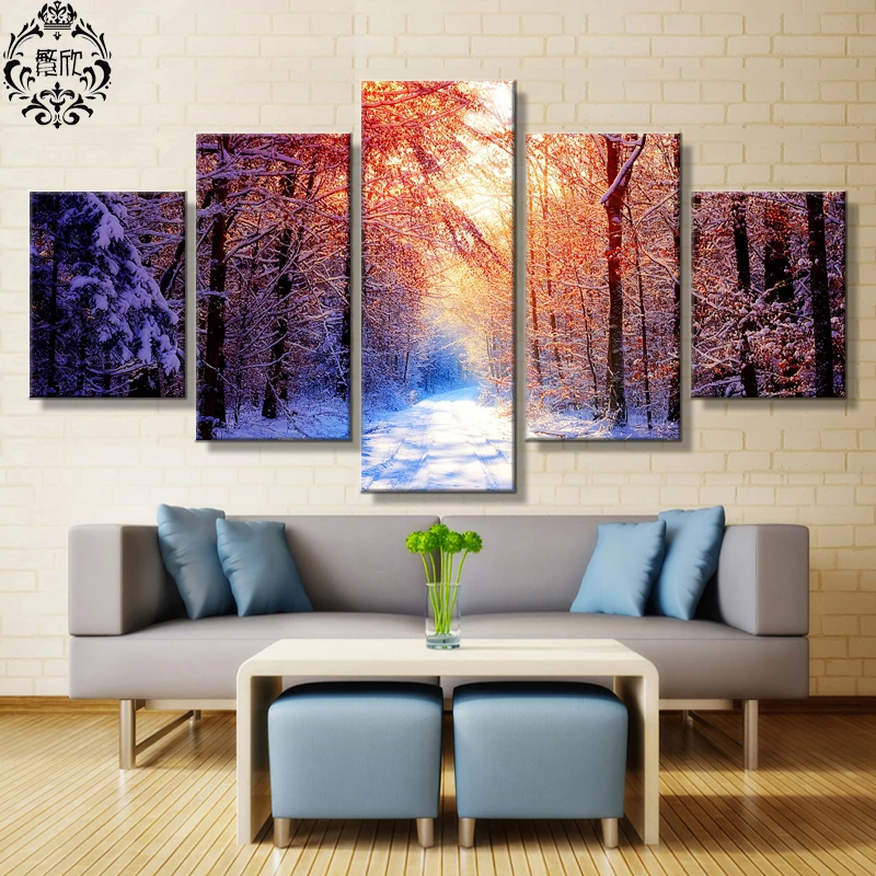 

Canvas Painting Landscape Modern Poster Modular 5 Pieces Wall Art Snowy Lane Home Decor For Living Room Printed Pictures Artwork