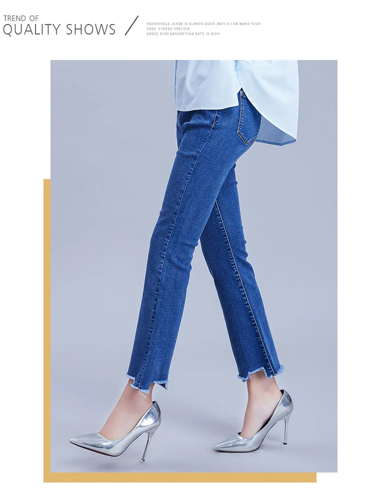 Сезон: весна-лето для женщин середины талии джинсы для обтягивающие Узкие синие джинсы ретро стрейч расклешённые брюки
