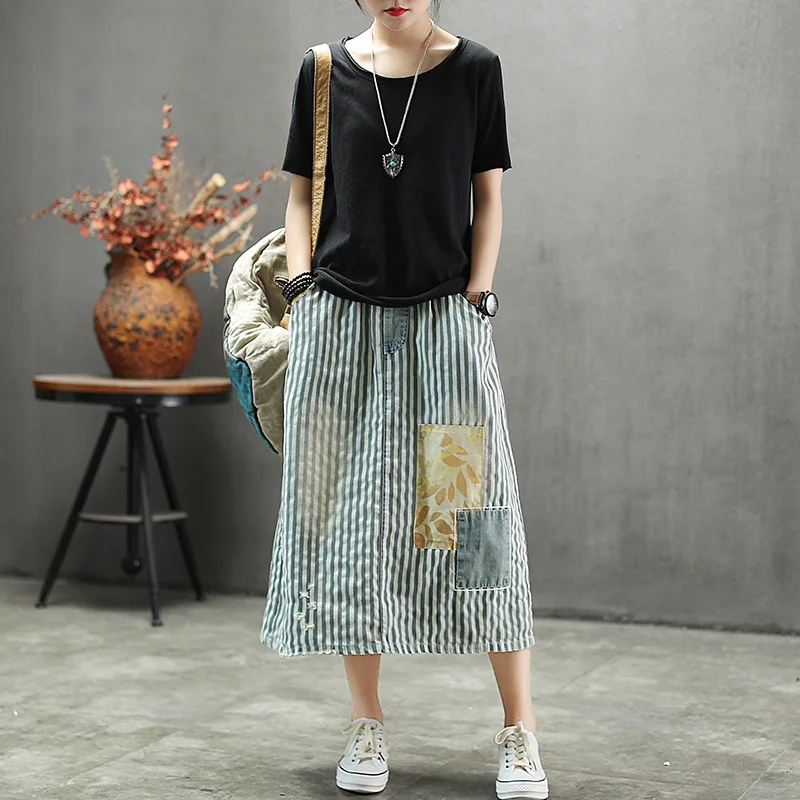 Летняя юбка в стиле ретро Женская свободная джинсовая с эластичным поясом Новая