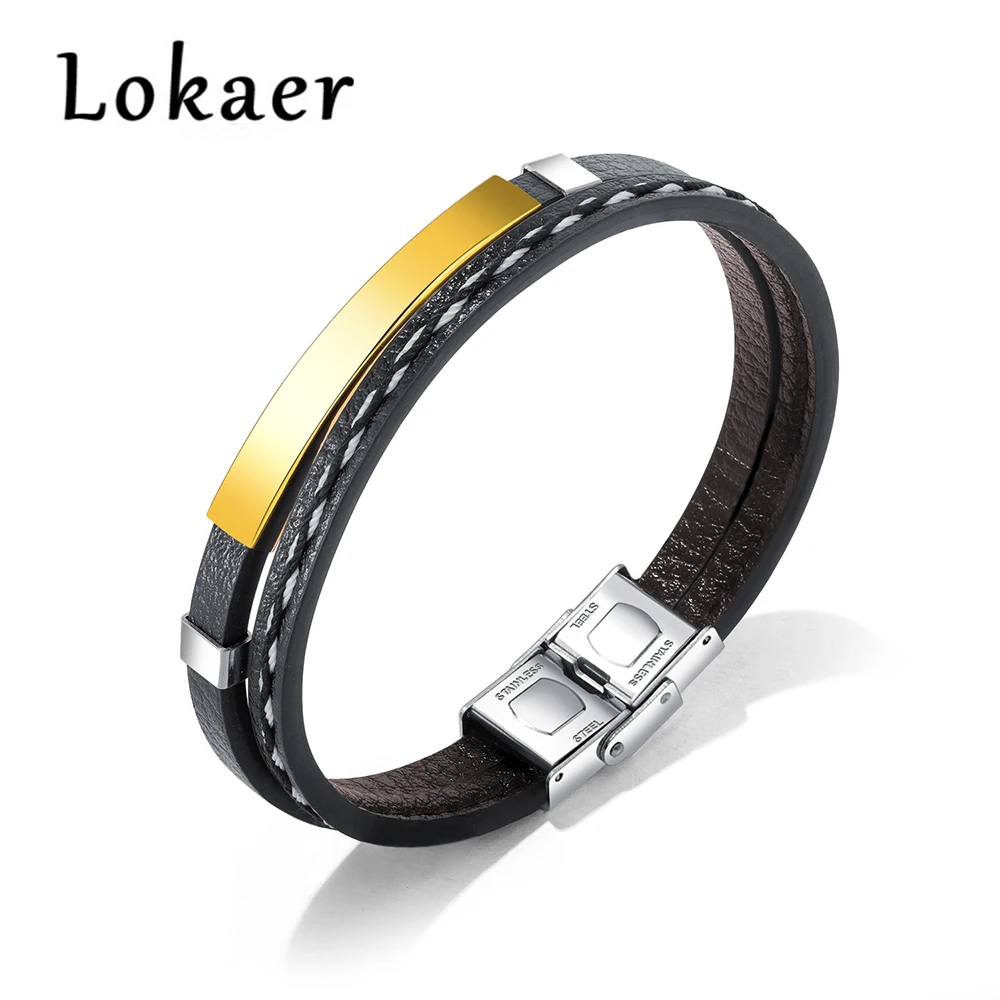 

Lokaer 2018 New Fashion Men Personalized Name ID Bracelet Jewelry Double Layer Black Leather Braided Rope Bracelet Customize