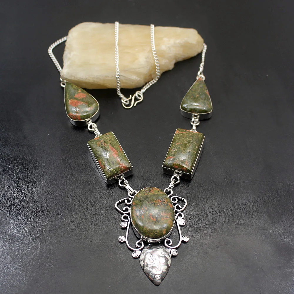 

Vintage Charms Green Unakite925 Sterling Silver Women Jewelry Chain Pendant Necklace 19 Inch TF601