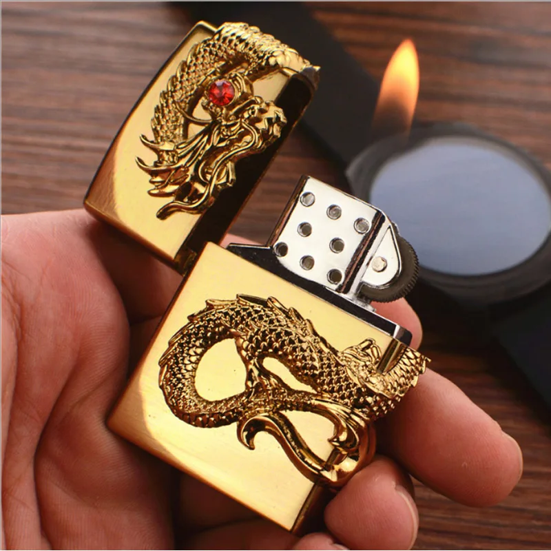 

Retro Golden Dragon Lighters Russia Emblem Metal Wheel Gas Cigarette lighter Inflatable Butane Fire Smoker Best Gift