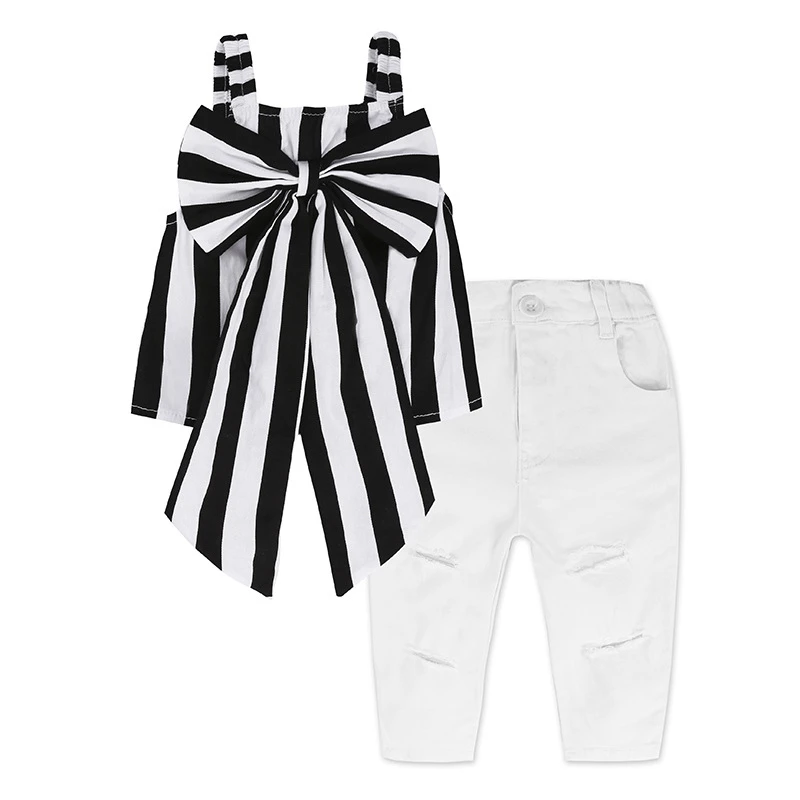 

2018 New Baby Girls 2pcs/ Set Bow Sling Vest Holes White Jeans Kids Clothes England Style Children Outfits Newborn Clothing 3-7