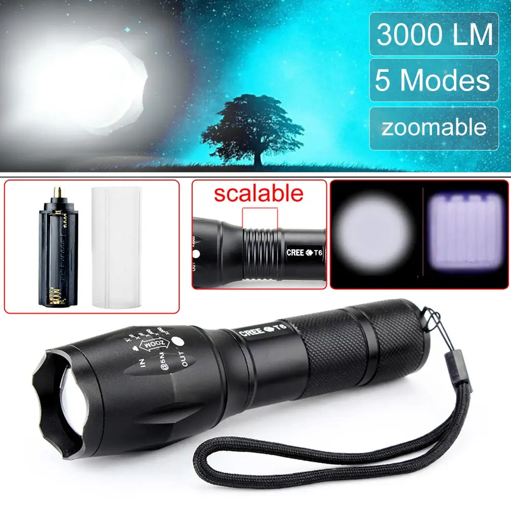 2016 Hot CREE XM-L T6 LED 3000 Lumens Aluminum Waterproof Zoomable Flashlight Torch light for 18650 Rechargeable or AAA Battery