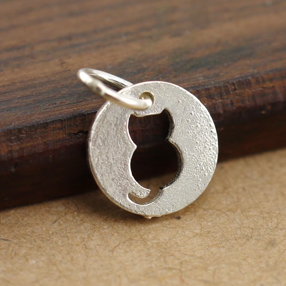 

925 Sterling Silver Cat Dangle Charm Round Flat Pendant Women Kid DIY A2028