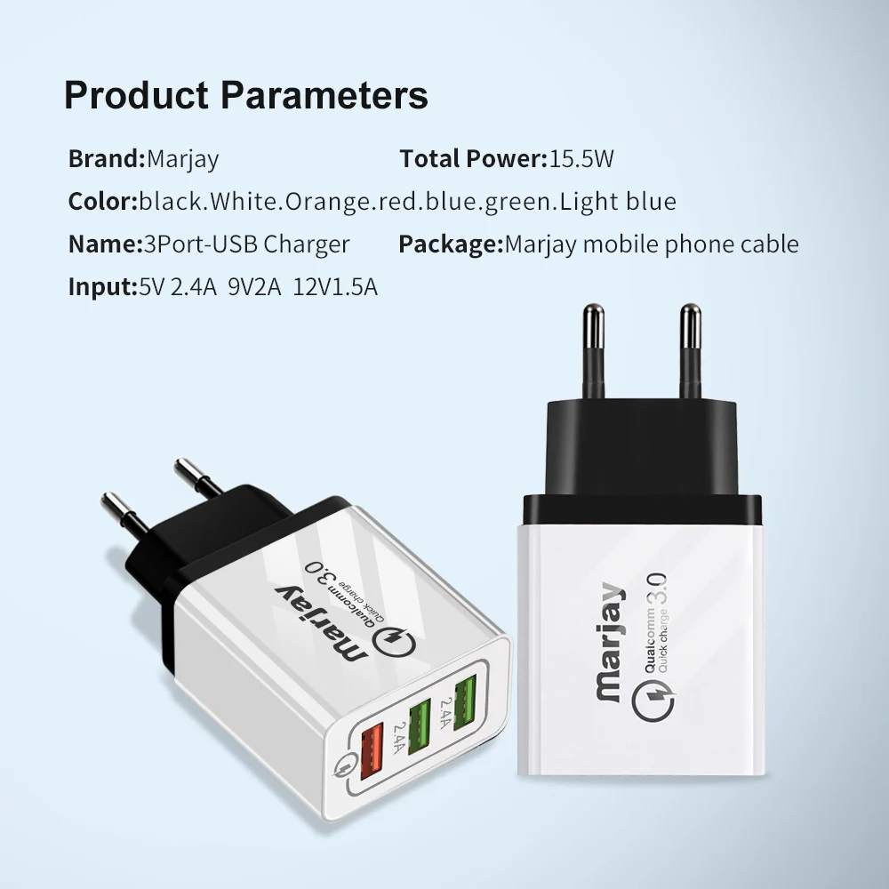 Marjay سريعة شاحن QC 3.0 USB الهاتف شاحن الاتحاد الأوروبي التوصيل سريع شاحن سامسونج s9 s10 شياو mi mi 9 الهاتف المحمول شاحن QC 3.0