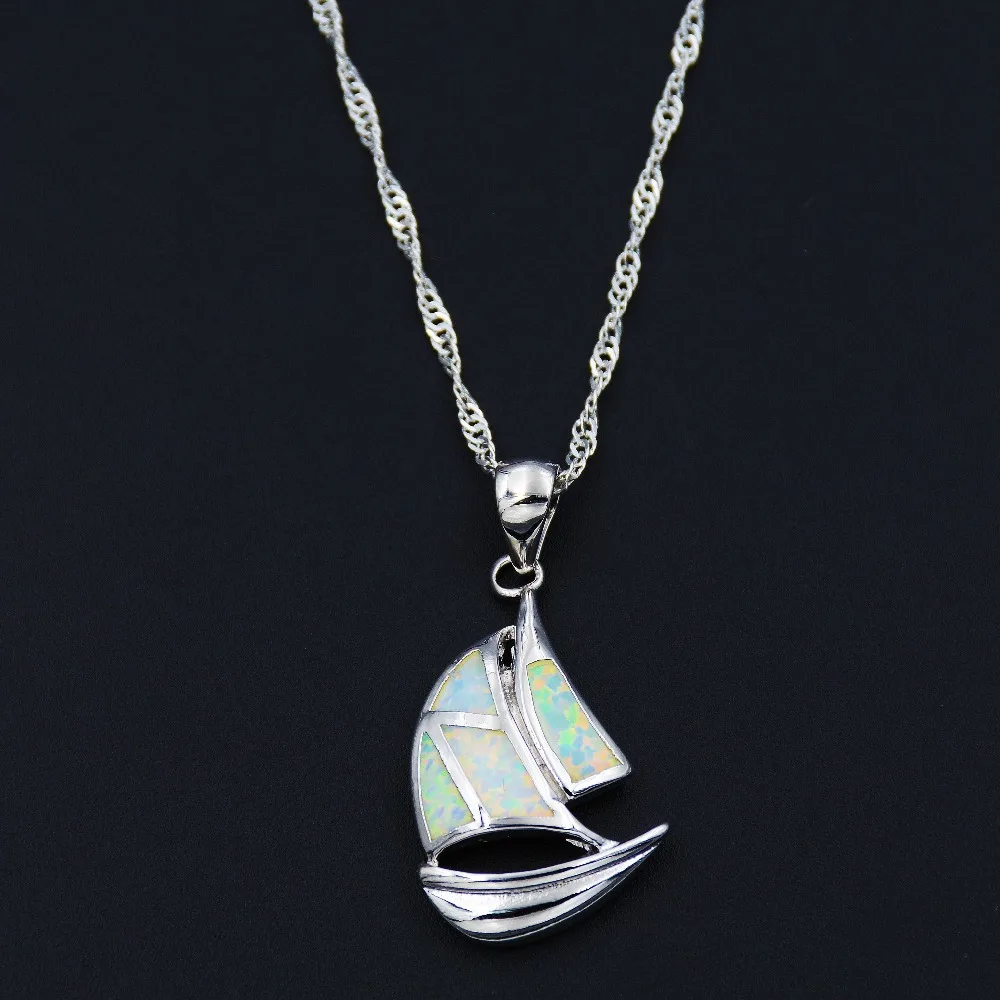 

Novelty White / Blue Fire Opal Sailboat Pendant Necklace for lady's Gift