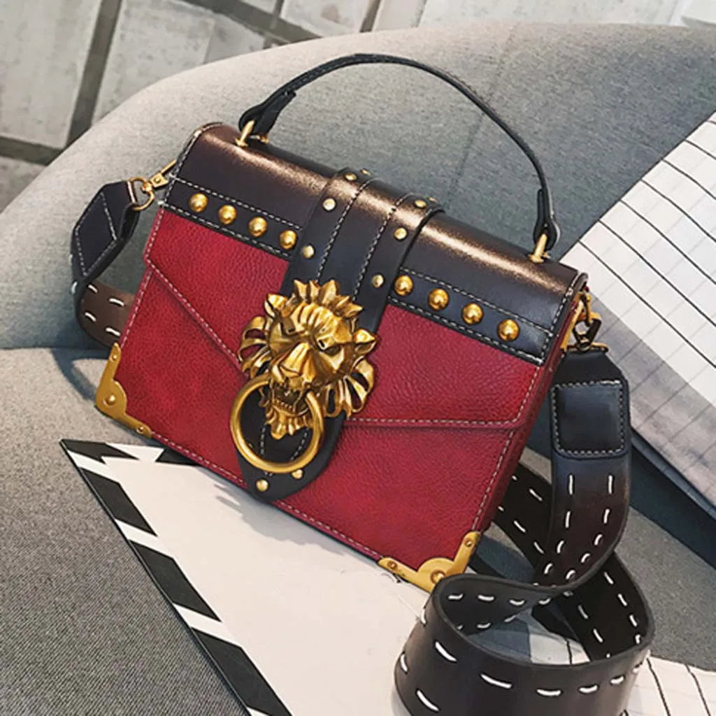

Women Bag Metal Lion Head Women Bags Solid Crossbody Bag Leather Shoulder Strap Adjustable Casual Silver Bags