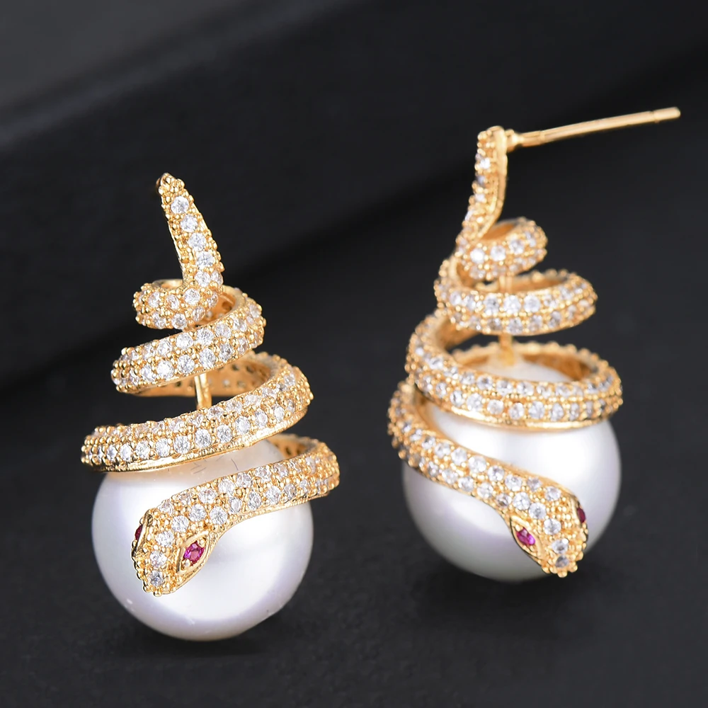GODKI модные роскошные серьги-гвоздики из искусственного жемчуга в виде змеи для женщин Свадебные с кубическим цирконом CZ Дубай Свадебные серьги в богемном стиле хит