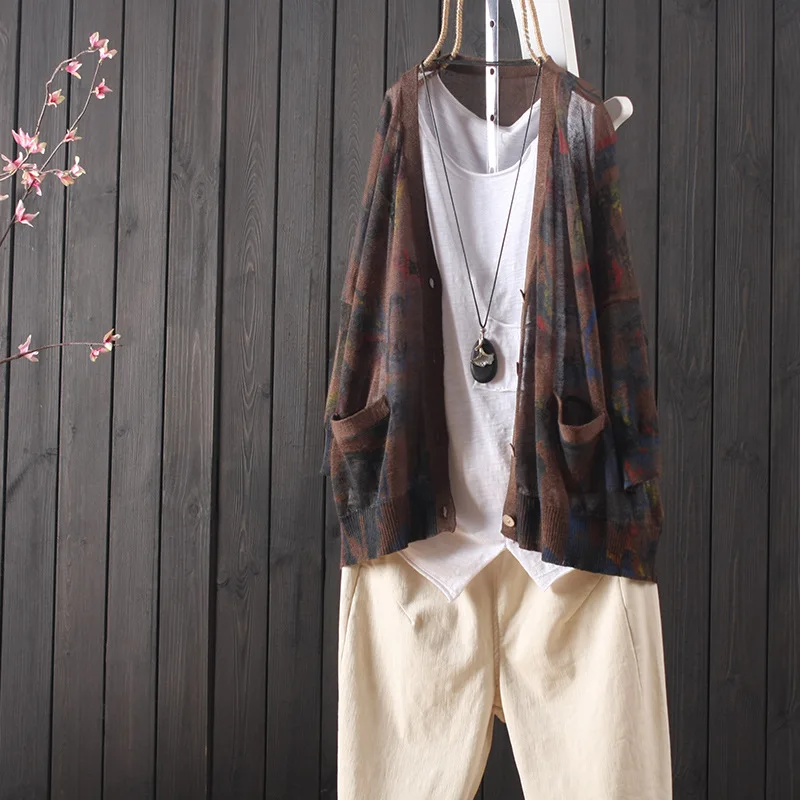 Осенний тонкий кардиган женский свитер топы свободный китайский стиль с принтом вязаная одежда в стиле ретро свободный карман однобортный льняной - Цвет: 3