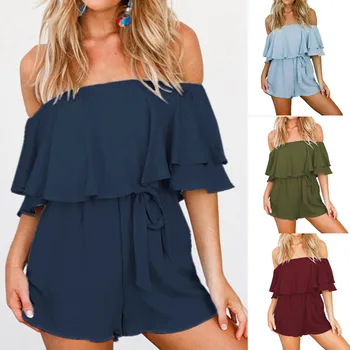 

Hot Sale Casual Summer Playsuits Fashion Women Solid Color Off Shoulder Half Sleeve Ruffles Bandage Short Jumpsuits body mujer#C