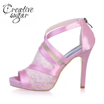 

Creativesugr Sweet sandal crossed strap lace and satin heels platform Rome style see through shoes pink black white quinceanera