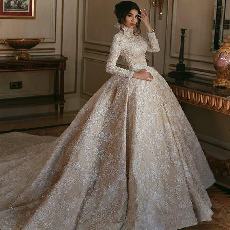 2019 Luxury High Neck Champagne Middle East Wedding Dresses White Lace Appliqued Long Sleeves Arabic Bridal Gowns Court Train Wedding Gowns299