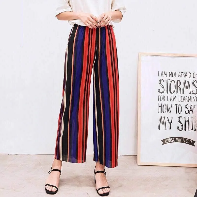 

Women New Summer Wide Leg Pants Casual Loose High Elastic Waist Harem Pants Loose Chiffon Striped Elastic Office Trousers