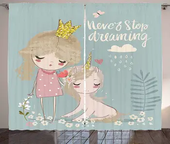 

Quote Curtains Artistic Composition with Little Princess Girl Unicorn Never Stop Dreaming Quote Living Room Bedroom Window Drape