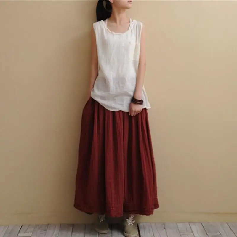 Женская длинная юбка макси из хлопка и льна с поясом на резинке|elastic waist|plus skirtskirt