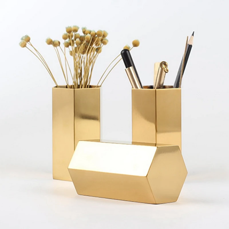 

Junejour New Golden Pen Holder Six-sided Insert Vase Metal Style Table Decoration Desk Storage Cosmetic Stationery Organizer