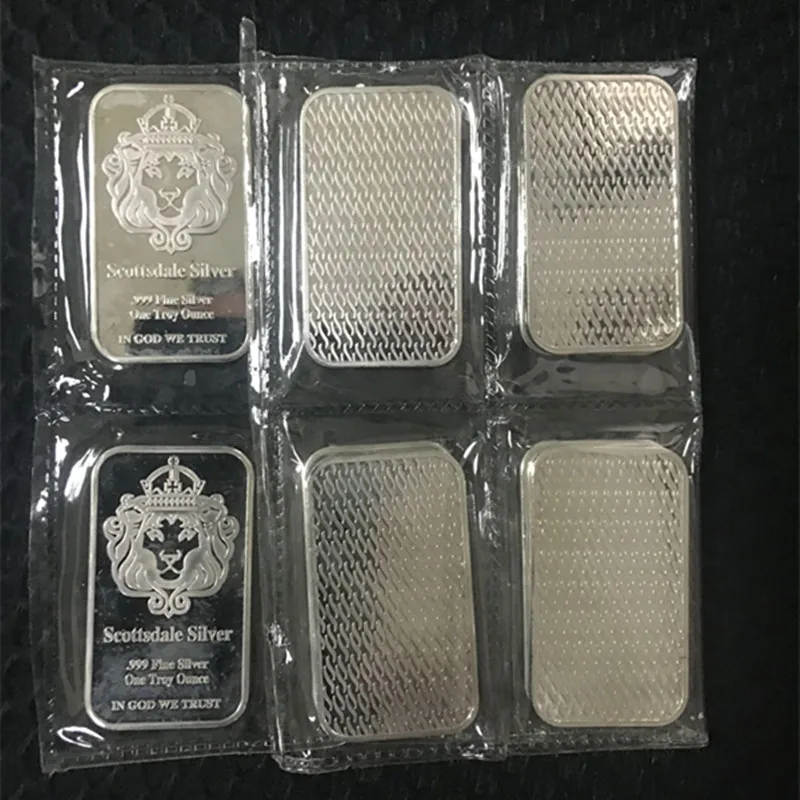 50 pcs Non magnetic Scottsdale silver bullion bar 1 OZ silver plated ingot badge 50 mm x 28 mm Vacuum packing 5 pcs a row bars