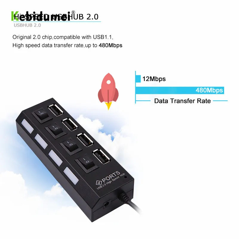 Kebidumei 4 порта USB 2,0 концентратор высокая скорость 480 Мбит/с включением/выключением питания расширитель несколько конвертер адаптер для MacBook PC