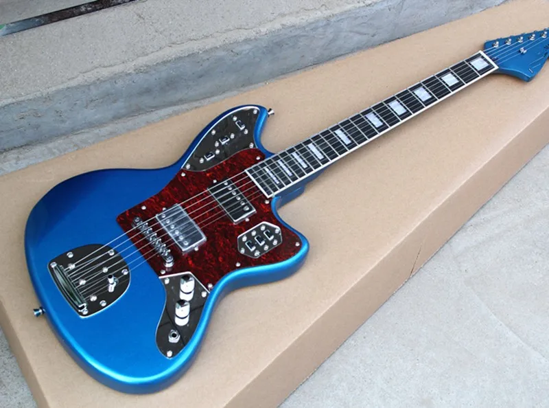

JA GUITAR Metal Blue Body Electric Guitar with Ebony Fretboard,2 Pickups,Red Pearl Pickguard,Offer Customized