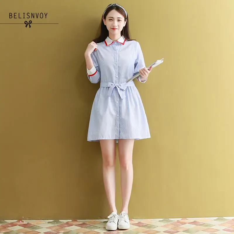 Mori Girl/летние платья для женщин повседневные свободные полосатые синие