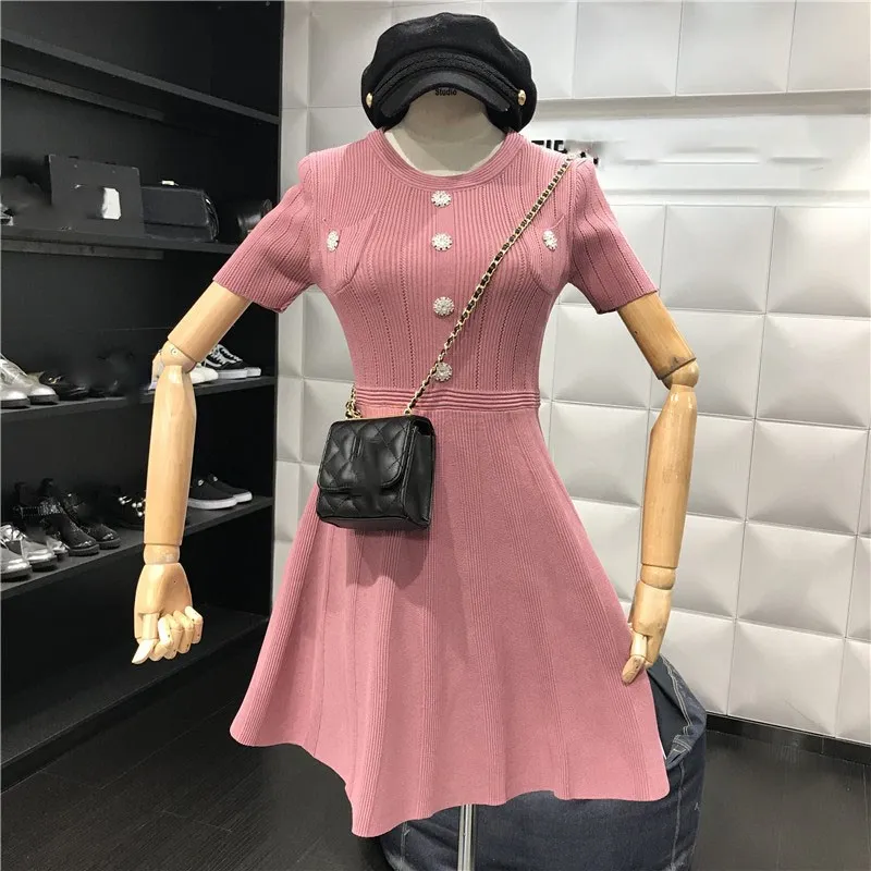 

2019 Summer Elegant Knitted Short Dress Women Solid O Neck Short Sleeve Diamonds Button Dress