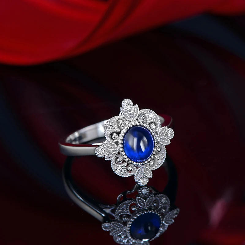 CaiMao Cabochon Cut Natural Sapphire Ring Vintage Design White Diamonds 14kt White Gold Engagement Jewelry