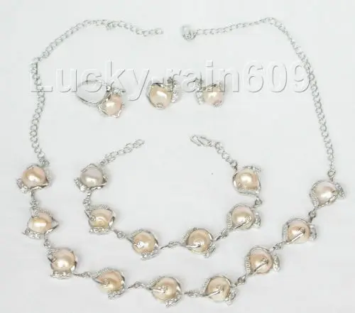 

*******Genuine adjustable 14mm pink pearls necklace bracelet earrings Rings set e1784
