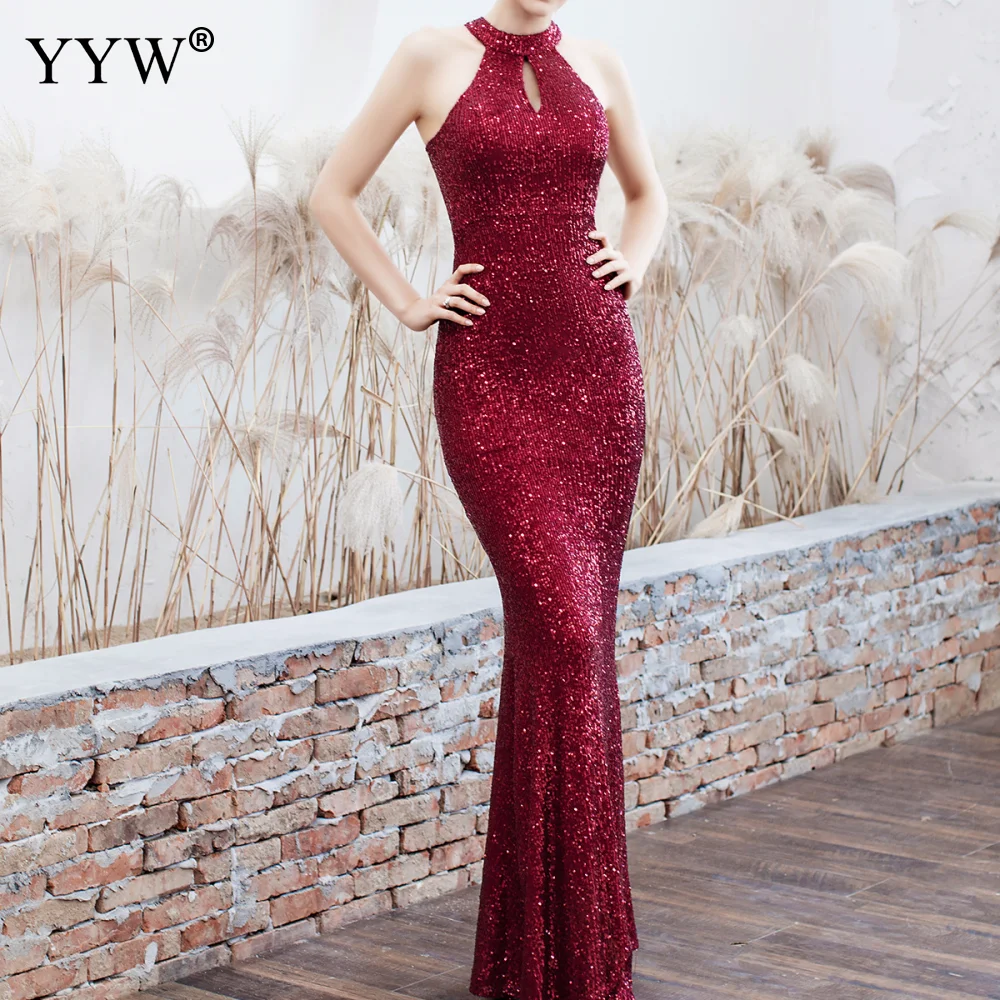 

New 2020 Women Sequined Party Long Dresses Halter Sleeveless Mermaid Evening Dress Ladies Solid Sexy Robes Elegant Formal Gowns