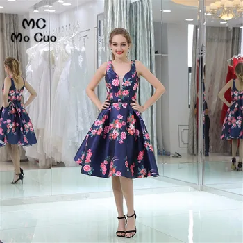 

Floral Party Dresses Dark Blue cocktail party dresses homecoming dress Tank V-Neck Print Pattern short homecoming dress